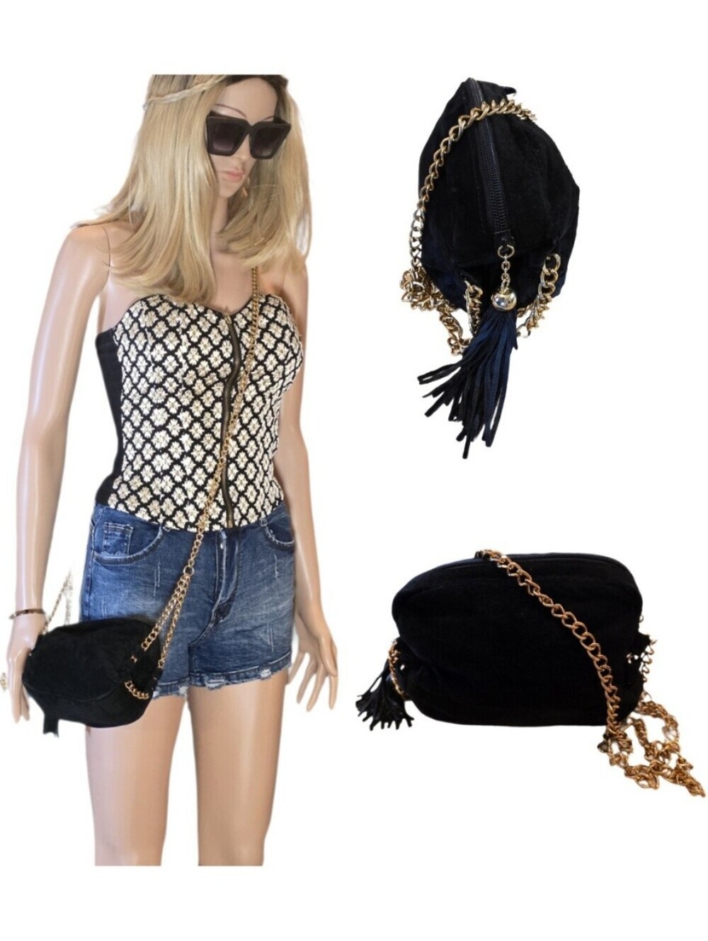 Vintage Braciano Black Suede Gold Chain Crossbody Bag Tassel Charm EUC
